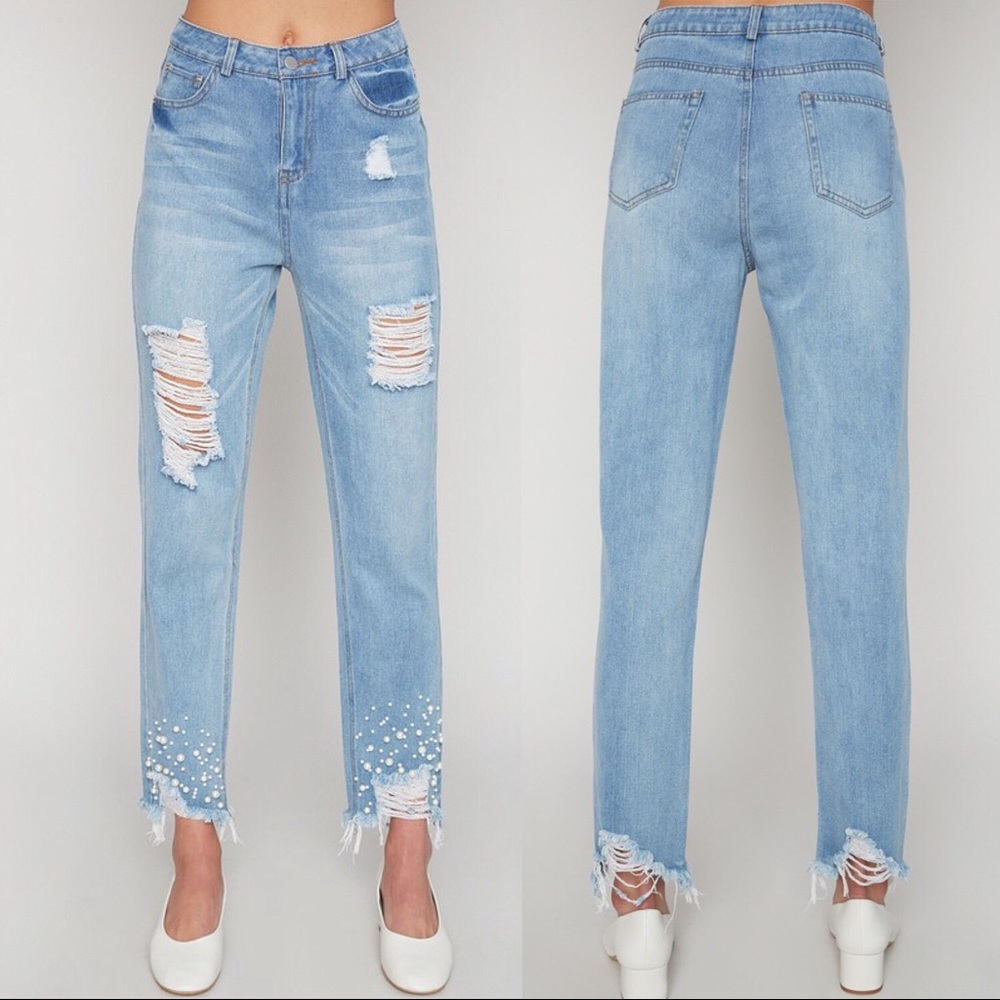 LAST ONE! ❤️ Pearl Embellished Straight Leg Denim - Picture 2 of 6